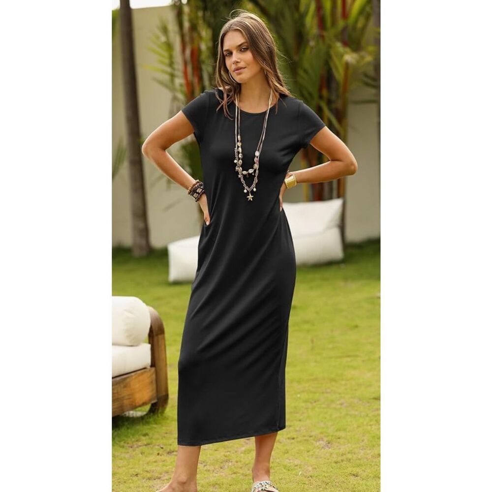 Merokeety black short sleeve  knit slip dress - XL
